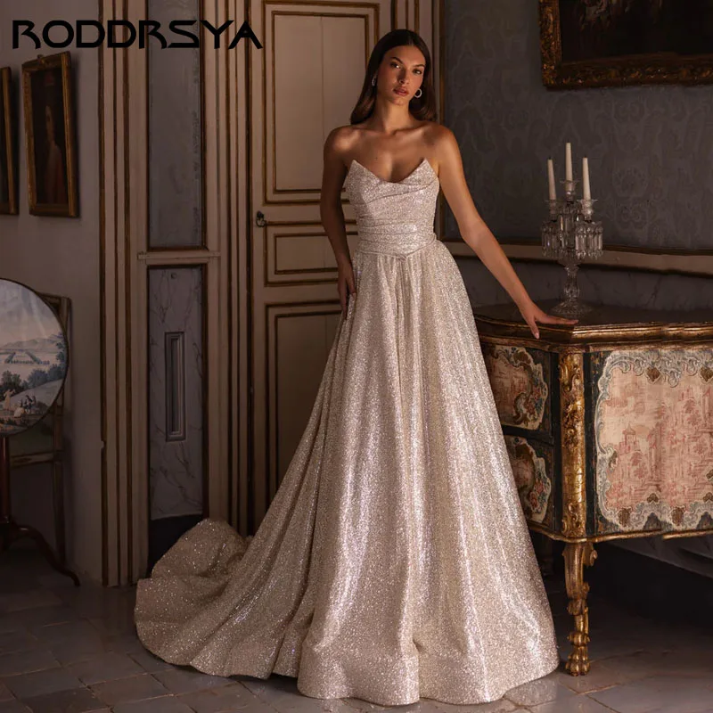 RODDRSYA Shining Strapless A-line Wedding Dress Gorgeous Tulle Princess свадебное платье Glittering Zipper Back Bridal Party