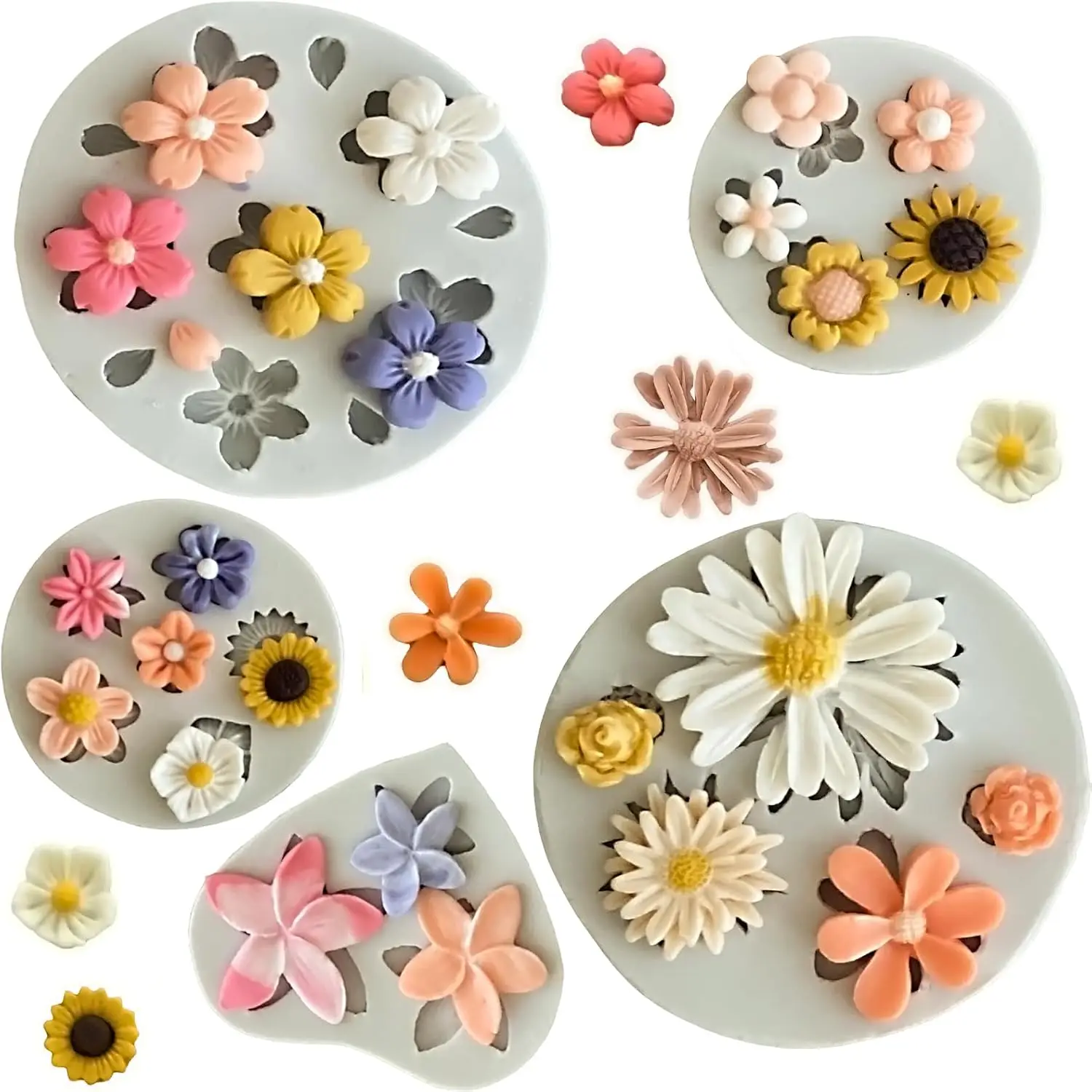 

5Pcs Flower Molds Silicone Chocolate Mould Daisy Flower Fondant Soap Ice Cube Jello Molds for Baking and Cake Cupcake Decorating