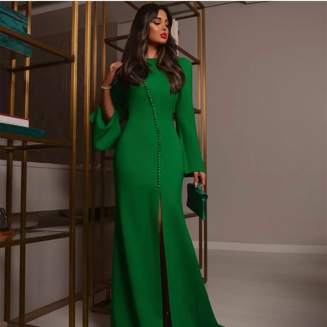 Customized Long Sleeve V-Neck Crepe Evening Dresses with Slit Mermaid Green Front Buttons فساتين سهرة Watteau Train Prom Dress