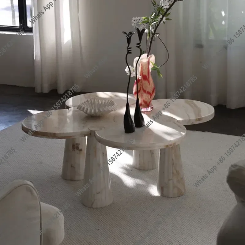 J Low-Height Marble Coffee Table 40cm, Carrara Round Flower Living Room Table, Hand-Polished Modern Center Table For Small Space