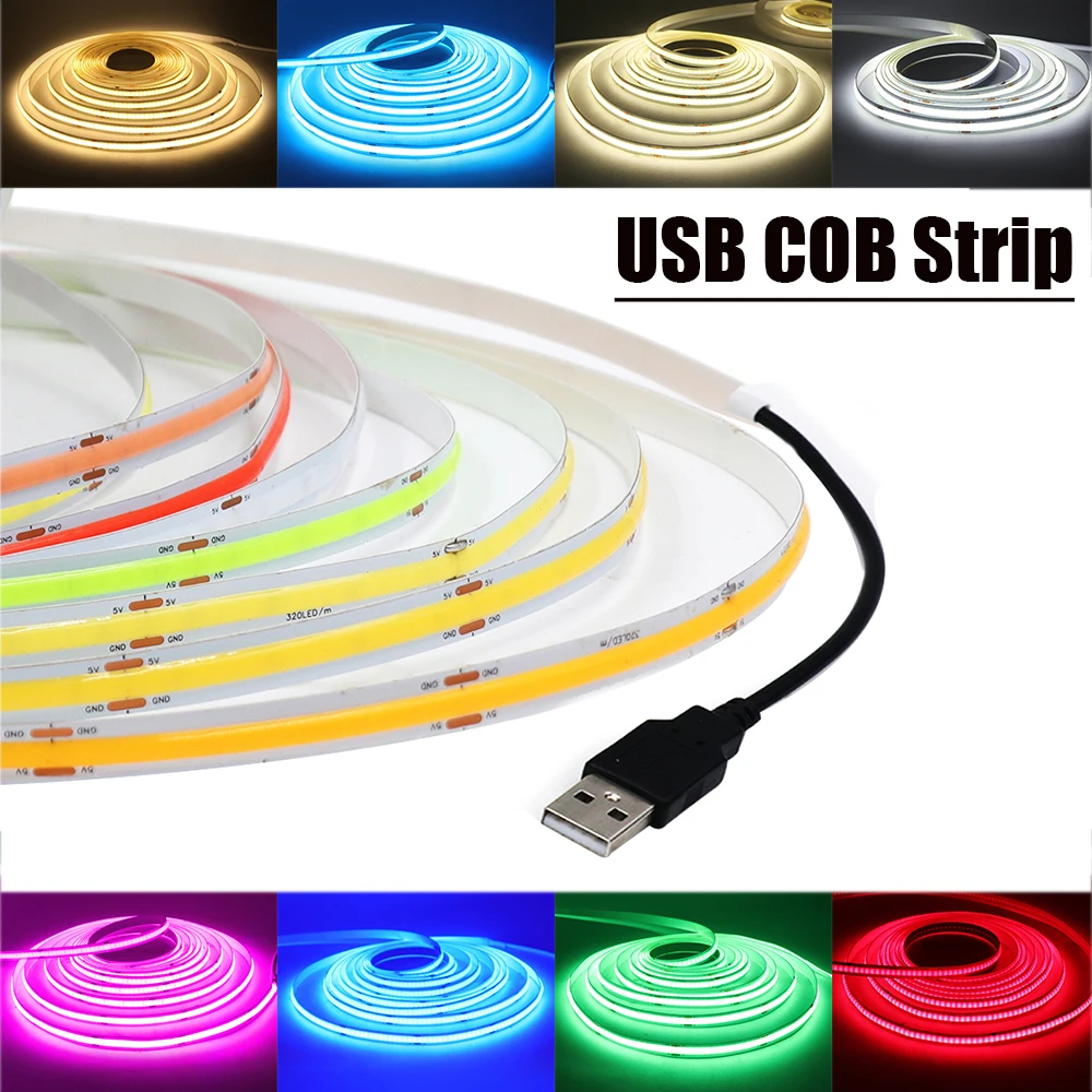 DC 5V USB COB 스트립, TV 백라이트, 유연한 리본 로프, 320LED/M 화이트, 아이스 블루, 핑크, 옐로우, 핑크, 레드, 그린 야간 램프 