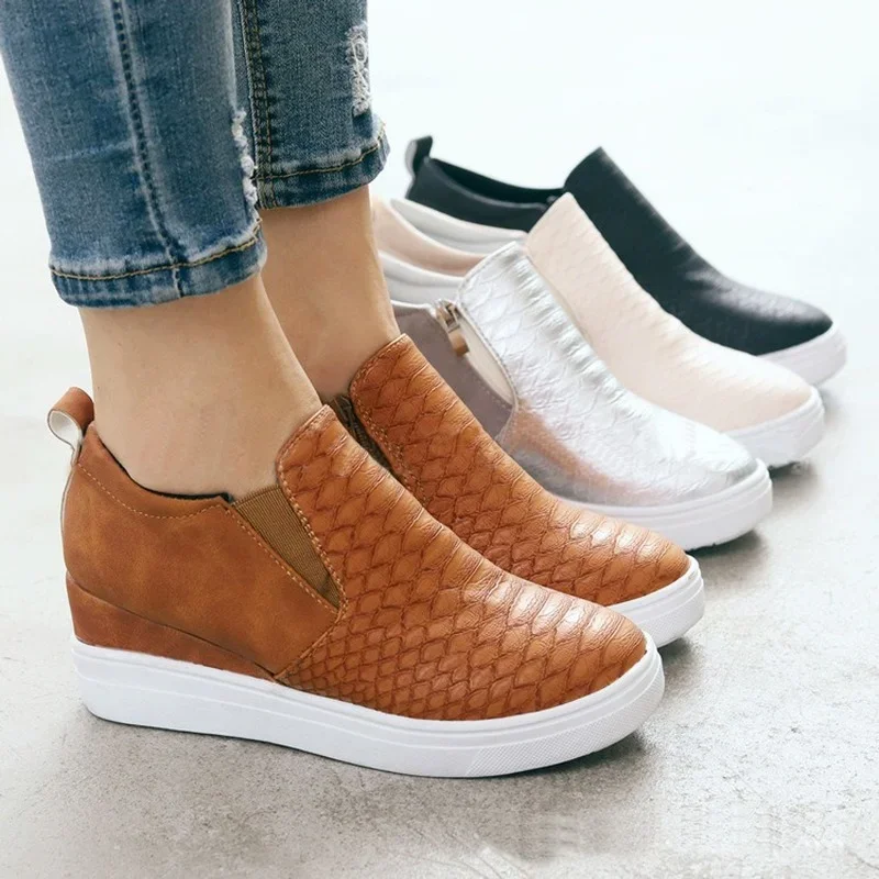 Women Wedge Loafers PU Leather Shoes Trend Height Increased Shoes Female New Fashion Comfort Slip-on Platform Vulcanized Shoe