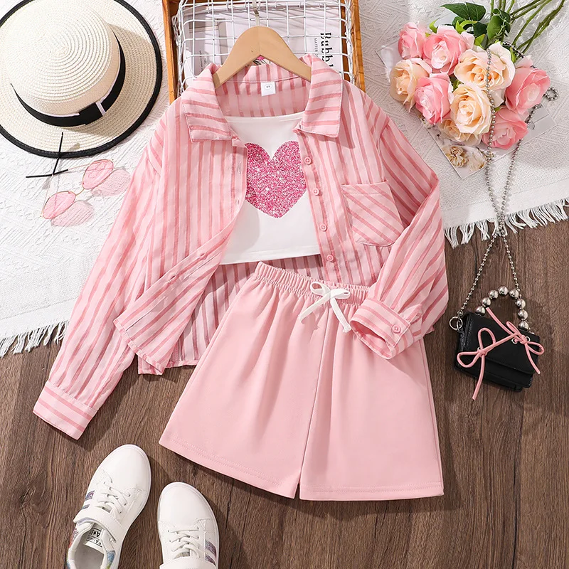 Girls' Suit Summer 2025 New Medium and Older Children's Long-sleeved Sunscreen Shirt Love Vest Shorts Three-piece Set