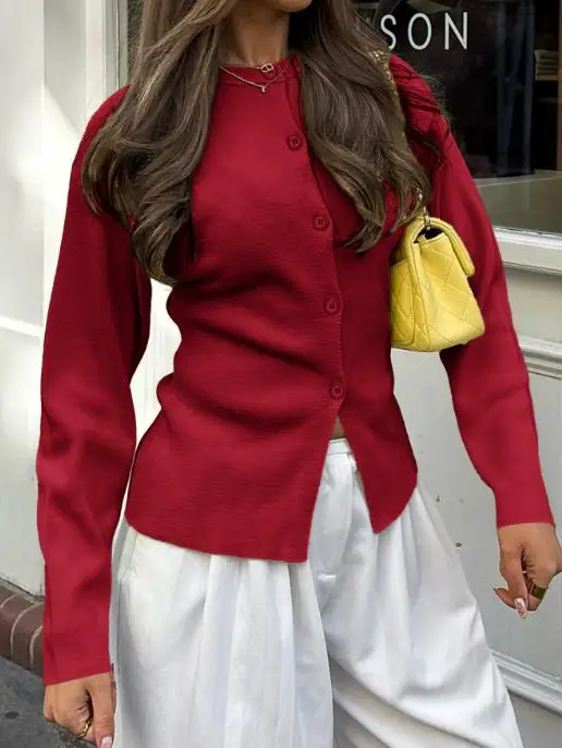 Herfst casual effen kleur lange mouwen knop trui top voor dames casual eenvoudige taille cinched lange mouwen gebreide top