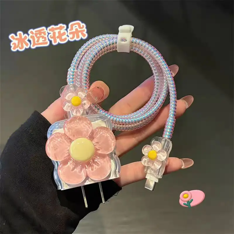 아이폰 12 13 14 15 16용 3D 보라색 꽃 투명 실리콘 충전기 케이스 18W-20W 귀여운 고속 충전 보호 커버