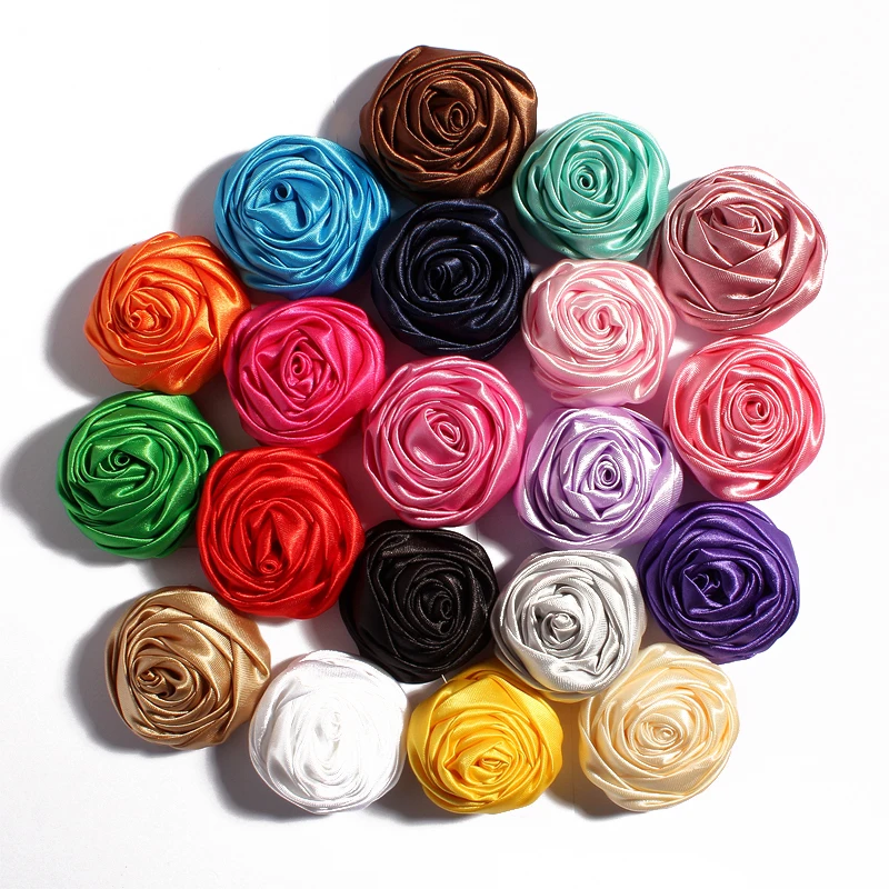 50pcs/lot 5cm 20colors Newborn Handmade Rolled Soft Satin Rose Flowers Artifcial Solid DIY Fabric Flowers For Kids Headbands