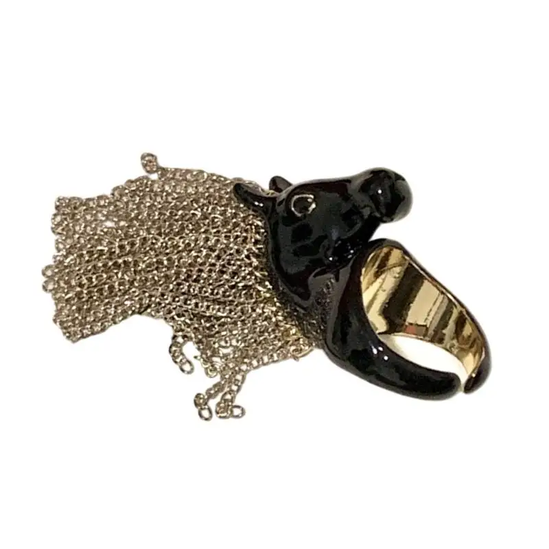 31BB Artistic Alloy Zebras Head Ring With Fringe Detail Elegant Open Adjustable Statement Pieces Trendy Finger Accessory