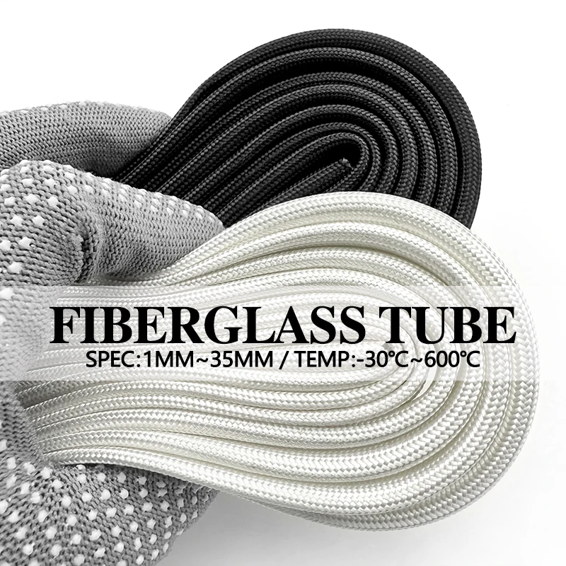 2/5/10M ID1mm~30mm Braided Fiberglass Sleeve 600Deg.C High Temperature Chemical Glass Fiber Tube Fiberglass Sleeving Black White