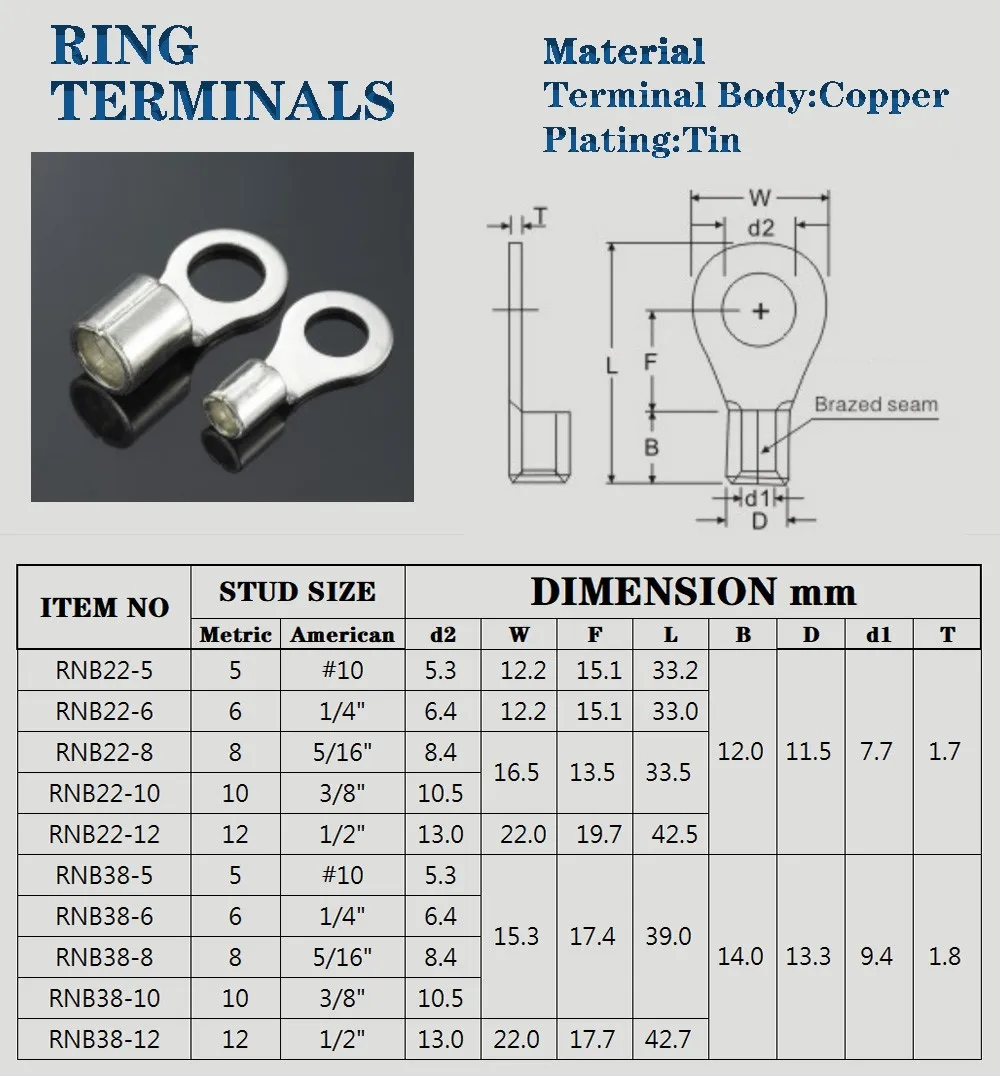 20-200PCS Non Insulated Crimp Connectors Pure Copper Ring Terminals Use For Cable 16-35mm² RNB22/38-5/6/8/10/12 Eyelet Connector