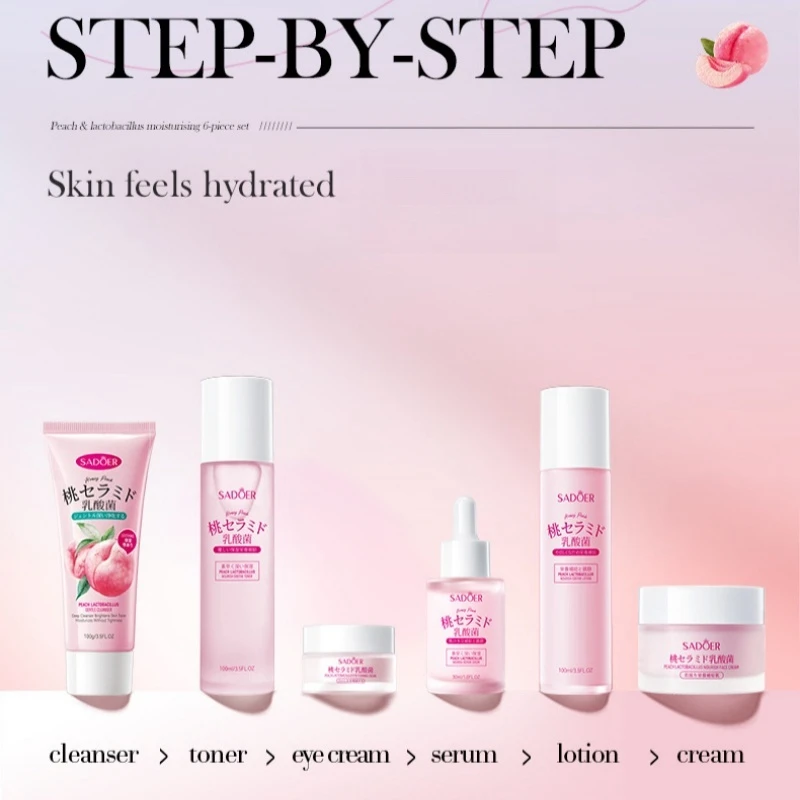 Peach Skincare Six-Piece Set, Facial Skincare Gift Box, Contains Ceramide, Sodium Hyaluronate, Cherry Blossom Extract, Etc., Inc