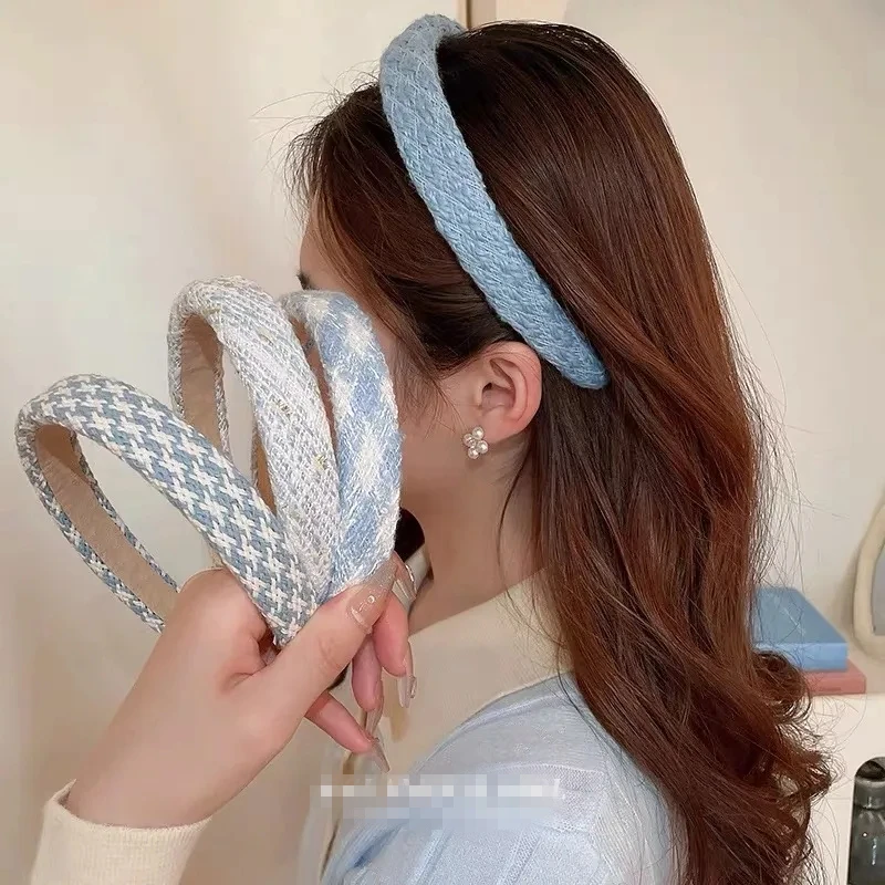 Milk White Gentle Blue Woolen Winter Hair Accessories Girl Headband Boutique Handmade Woven Denim Blue Stripe Women\'s Hair Bands