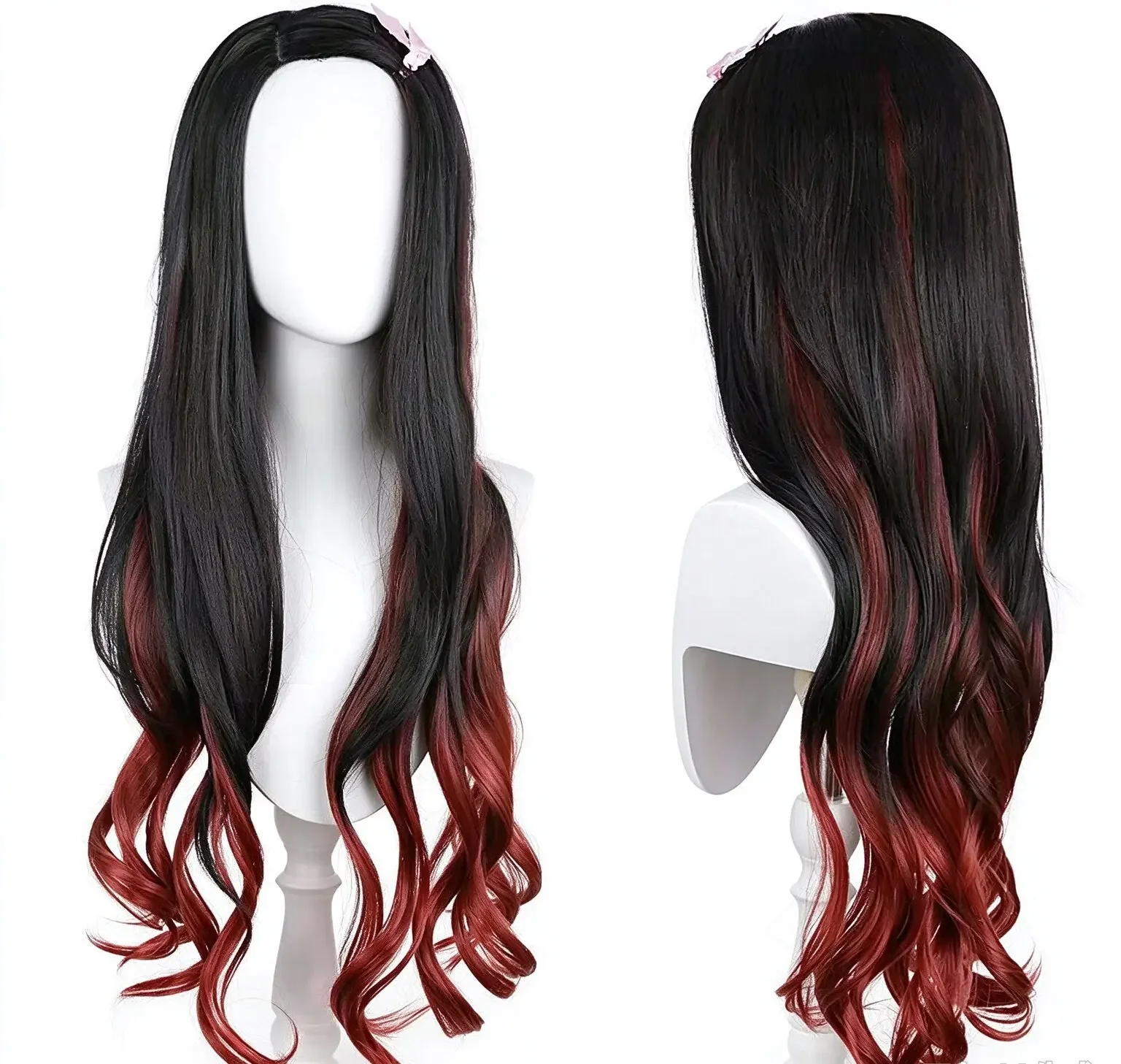 Black Gradient Reddish Brown Long Wavy Wig With Bow, Heat Resistant Synthetic Hair Wig For Halloween Carnival Party Cosplay