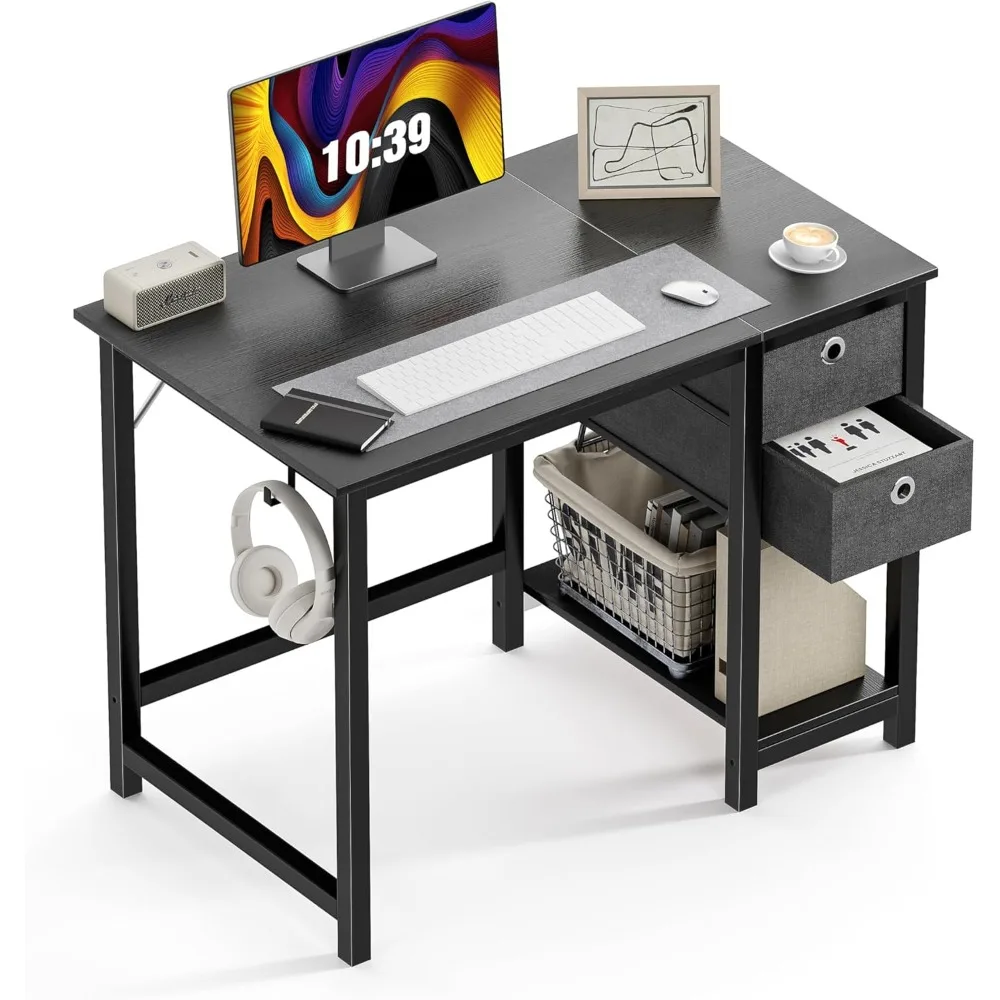 שולחן מחשב קטן - 40X24 אינץ 'משרד כתיבה עבודה לימוד משחקים שולחן מחשב עם מגירות בשני קומות ומדף אחסון