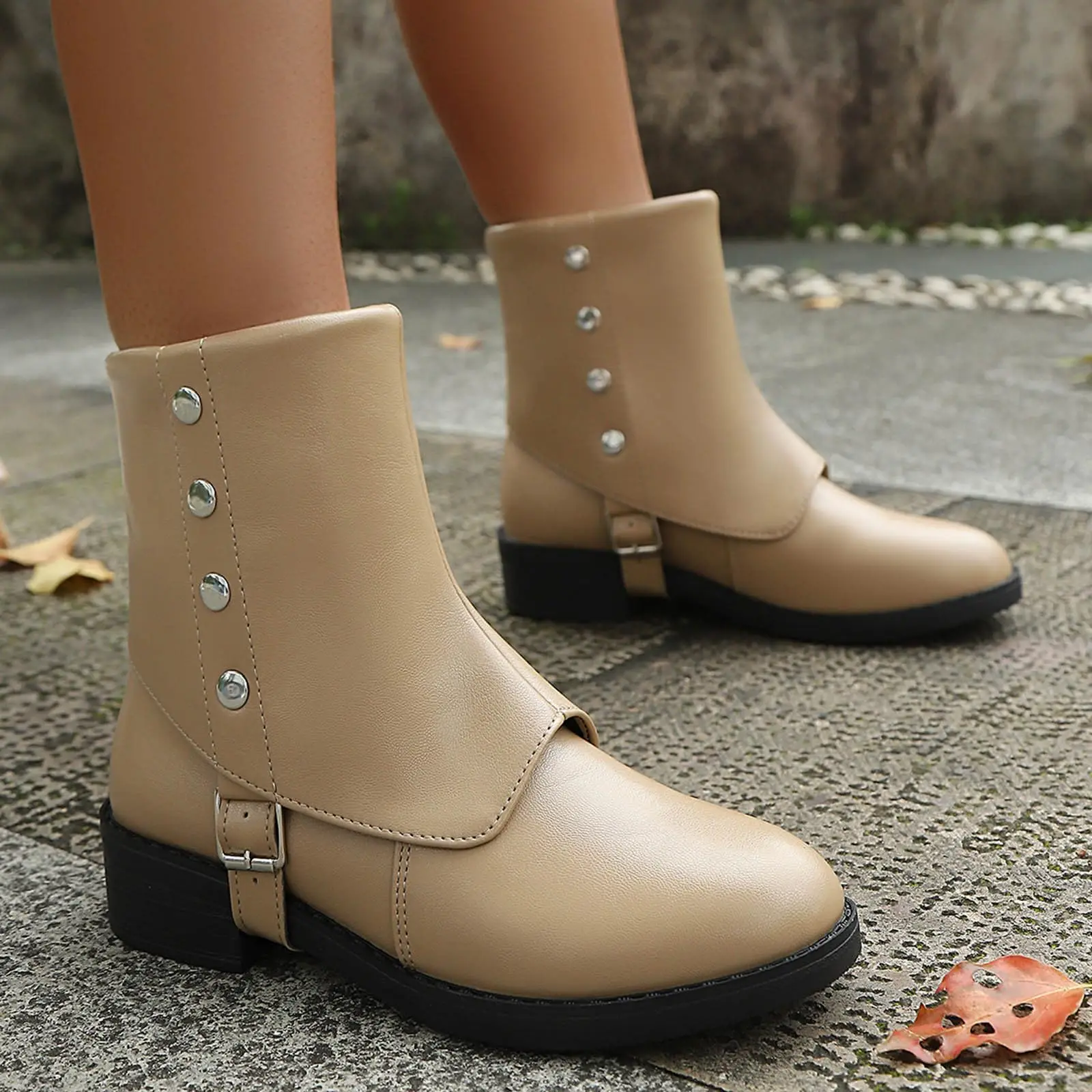 

Women's Fashion Round Toe Boots Buckle Decoration Mid-Heel Western Boots Trendy Daily Matching Street Photography Boots
