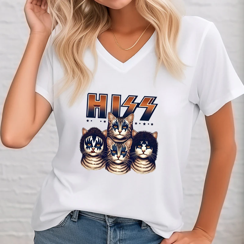 Summer Woman T-shirt Funny Cat Rock and Roll Music Graphic T Shirts Women Rock Music Lover Funny T Shirts Cats Kittens Rock Tops