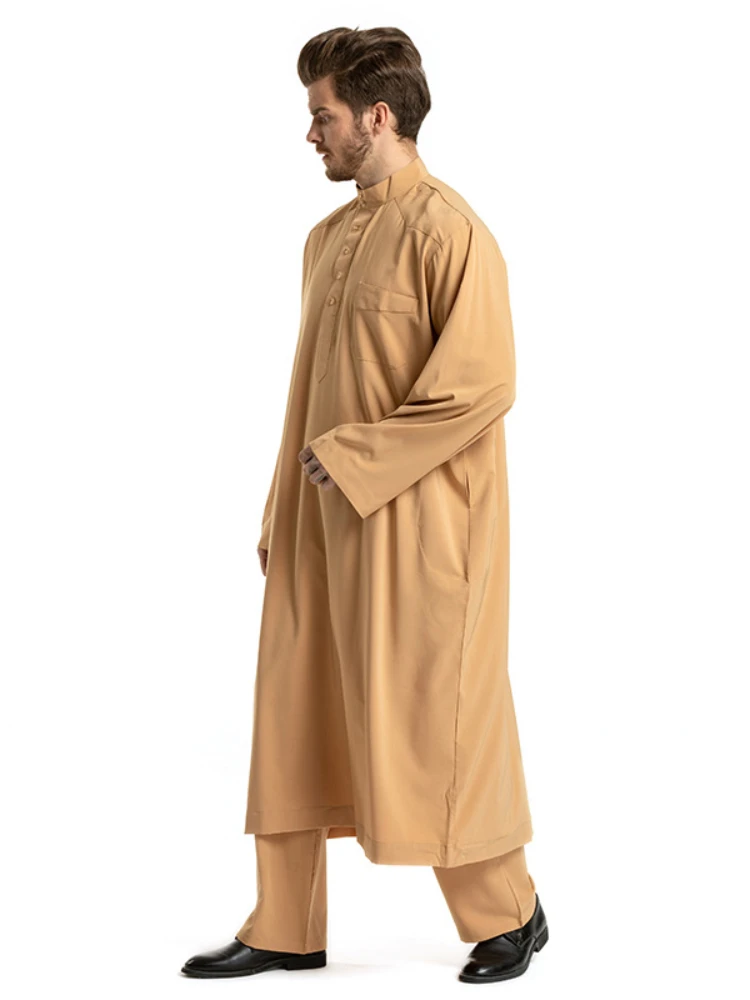 Muslim Robe Arab Men Ramadan Solid Color Pakistan Arabia Turkey Abaya Male Iftar 2 Piece Set Tops and Pants Islamic Clothing 3XL