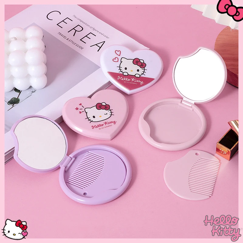 Sanrio Hello Kitty My Melody Double Sided Folding Mirror Kawaii Portable Mirror Comb Integrated Mini Makeup Mirror Girls Gifts