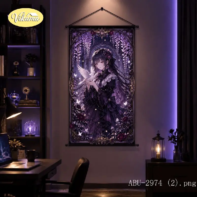 VIKAMA Gothic Anime Mädchen Schwarze Katze Wandteppich Lila Mond Rose Viktorianische Kunst Wandbehang Schlafzimmer Ästhetische Heimdekoration