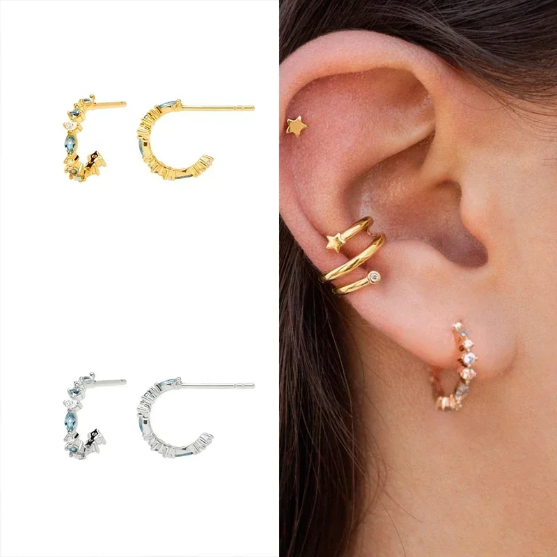 Women 925 Sterling Silver Ear Needle Big C Hoop Stud Earrings Exquisite Crystal Colored Zircon Gold Fashion Party Huggie Jewelry