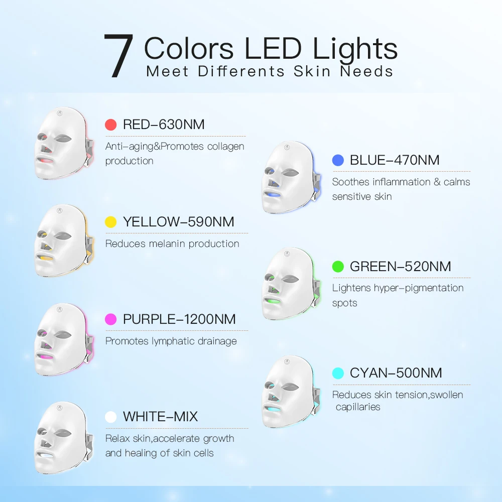 Máscara de belleza LED recargable, 7 colores, fotothérapie, fotones, cuidado de la piel, blanqueamiento, antivisor, antiacné