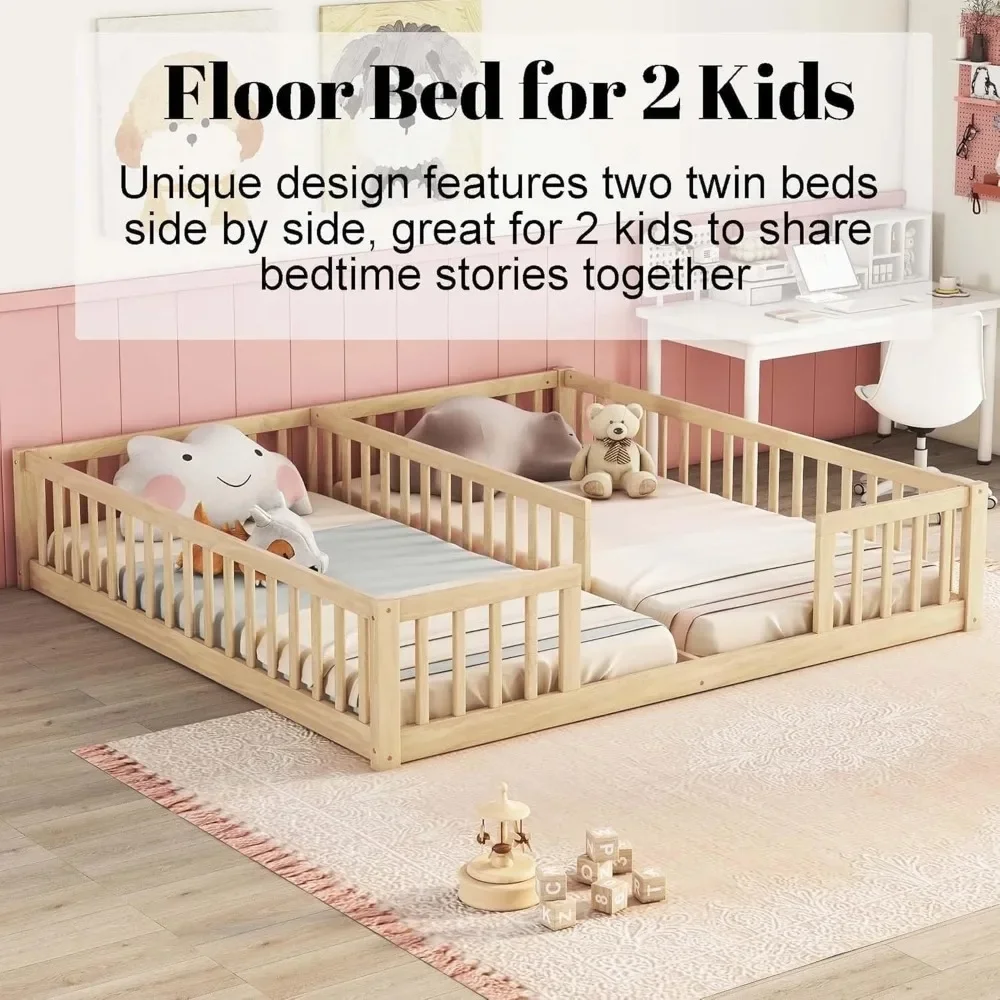 

Twin Floor Bed for 2 Kids, Wood Double Floor Bed with Fence, 2 Montessori Beds Side by Side for Toddler Boys Girls Children