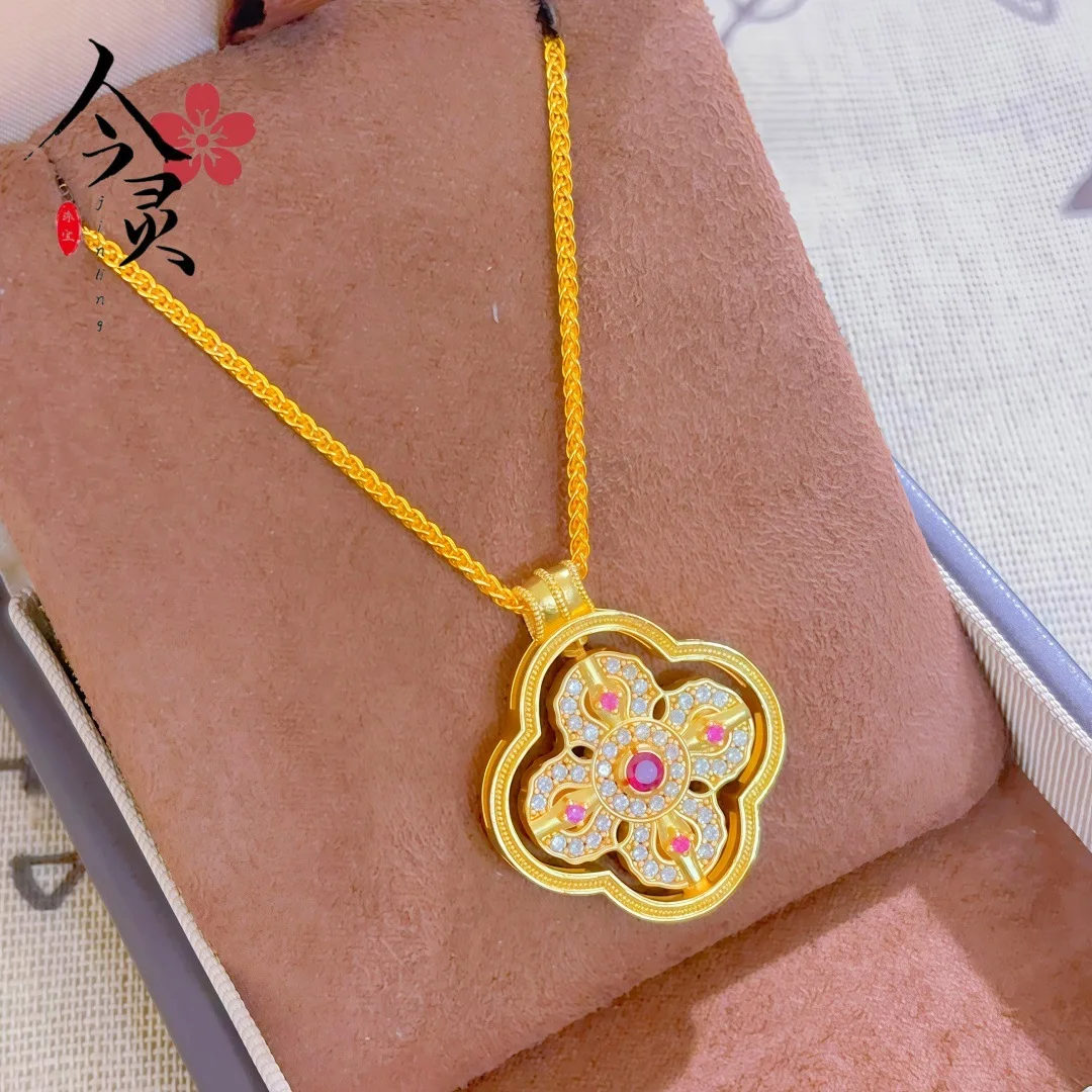 Luxury 24K 9999 Pure Gold real gold Gold shop with red gemstone four flower pendant necklace