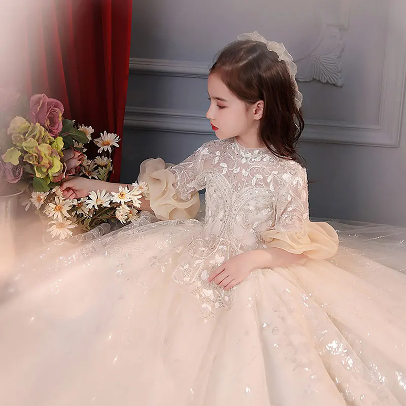 Little Girls Communion Tulle Sequin Dress Flower Girls Bridesmaid Wedding Dreses Teen Girls Very Elegant Evening Party Gown