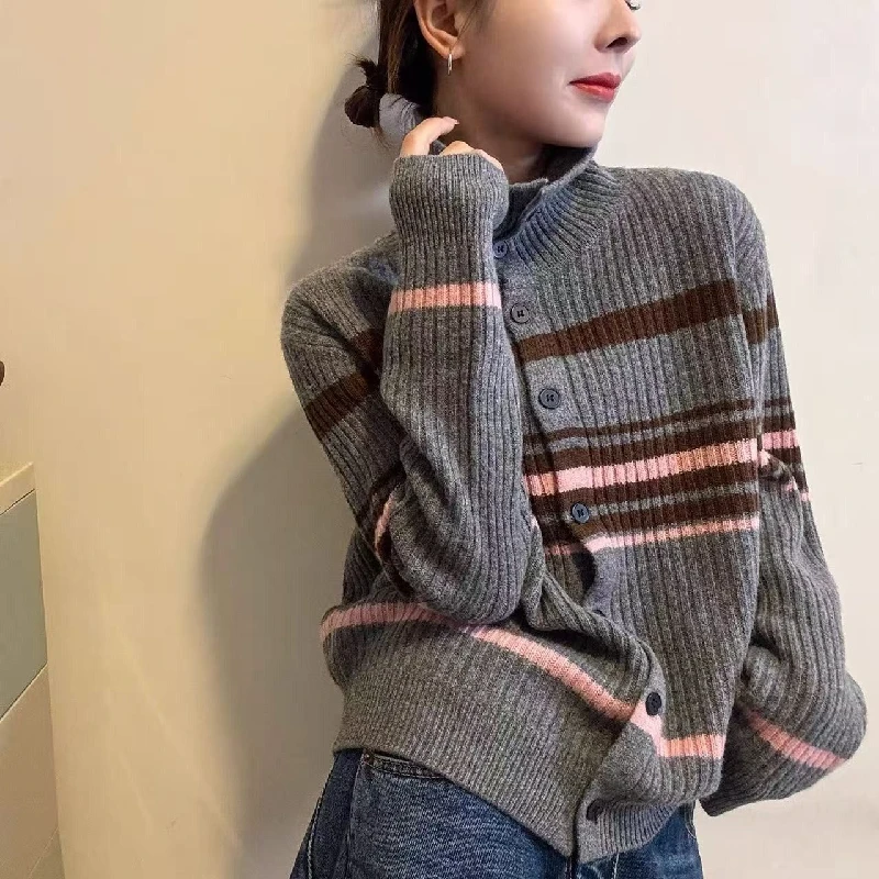 

Dongguan Daliang Knitted Sweater Casual Loose Fit Thiened Color Blo Striped Open Cardigan Women's Premium Faion