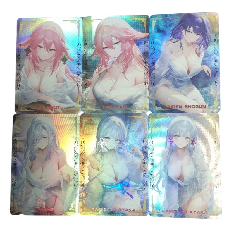 6Pcs/set Genshin Impact Raiden Shogun Yaeya Shenzi Soak In Hot Springs Self Made Anime Characters Color Flash Collection Card