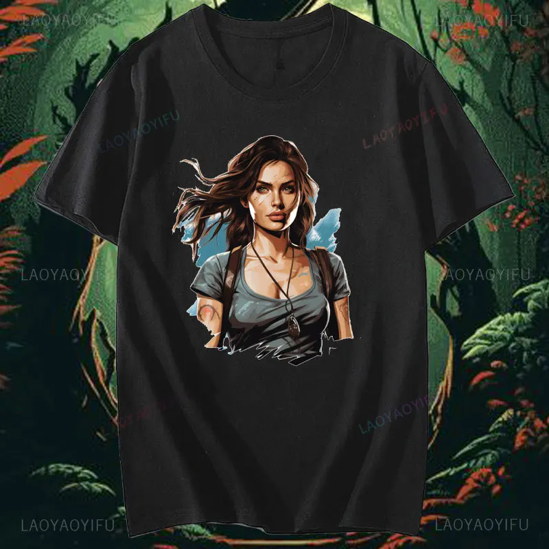 Tomb Raider Lara Croft Printed T-shirt Character Women Cotton T-shirts Portrait Retro Lovely Young Girls Popular Fashion Tops