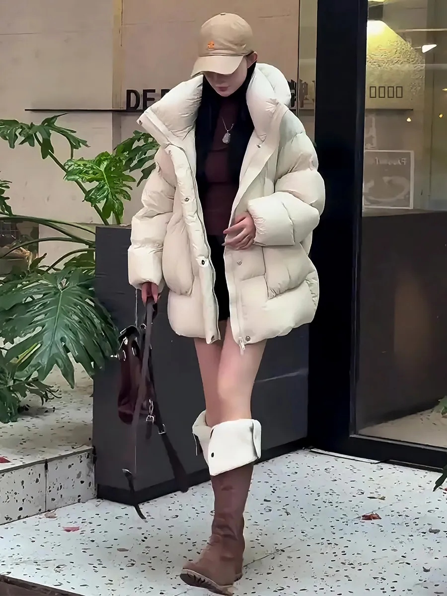 Chaqueta de Plumón para Mujer, Color Blanco, con Capucha, Abrigo de Invierno Cálido, Estilo Dulce y Elegante, Largo Regular, Sin Marca