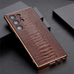 Genuine Leather Case For Samsung Galaxy S24 Ultra S23 Ostrich Foot Pattern Glossy Frame Cover
