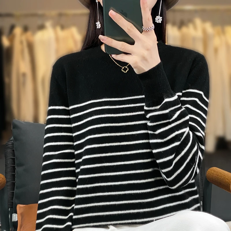 New Women's O-neck Stripe Pullover Sweater 100% Merino Wool Knitwear Autumn Winter Loose Casual Soft Cashmere Sweater Female