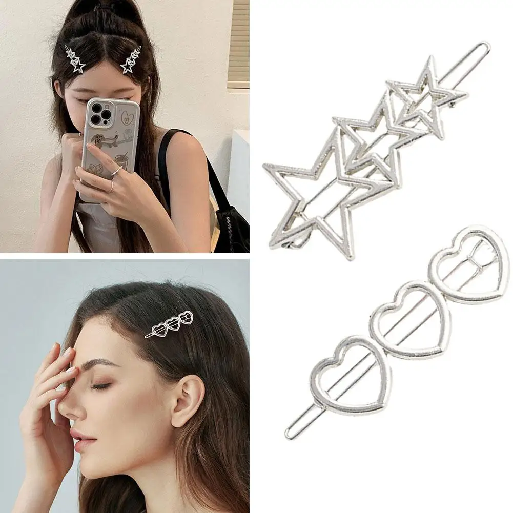 3pcs Y2K Metal Star Hairpin Japanese Sweet Cool Girl Fashion Cute One-word Bangs Clip Hollow Heart Clip Hair Accessories