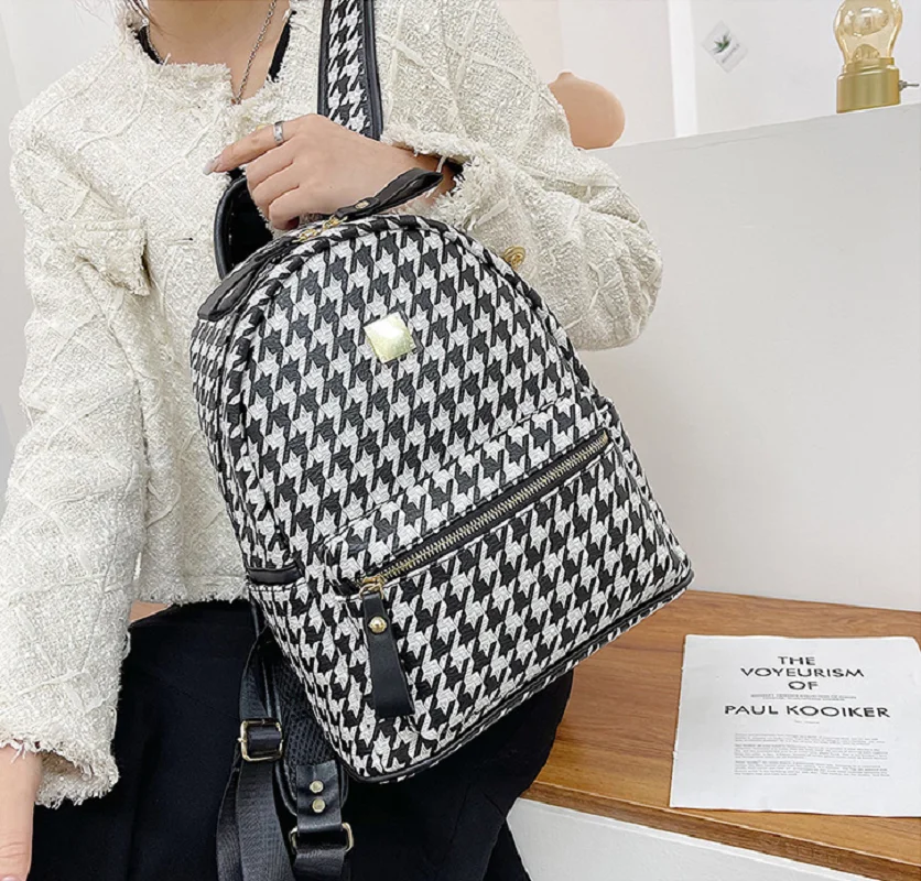 Women Fashion Luxury Houndstooth Large Capacity Travel Backpacks High Quality Leather Shoulder Bags School Bag Totes Bagpack