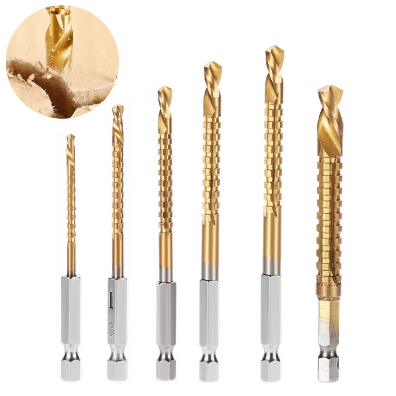 3/6Pcs HSS Hexagon Shank Twist Drill Bits Serrated Grooving Cutting Tap Spiral Saw Wood Metal Plastic Hole Saw Titanium Drill