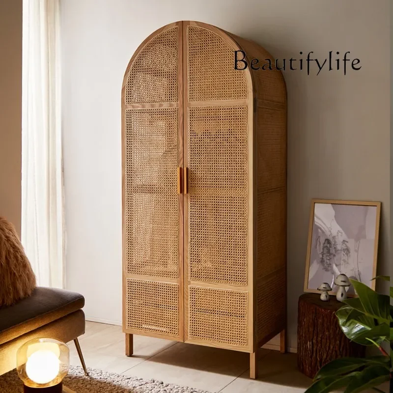 Modern simple solid wood wardrobe Japanese-style homestay double door large wardrobe with drawers simple rattan storage cabinet