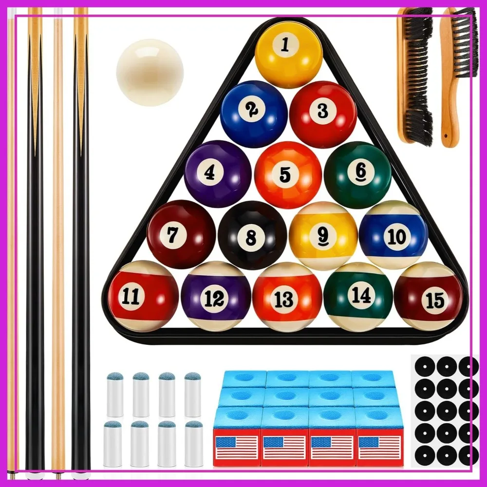 

71-Piece Pool Table Accessories Set – Balls, 2 Cue Sticks, Triangle Rack, Chalk, Brush & Spot Stickers for Beginners