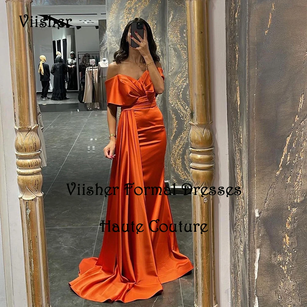 

Orange Satin Mermaid Evening Dresses Off Shoulder Arabian Dubai Prom Dress with Train Long Formal Occasion Gowns