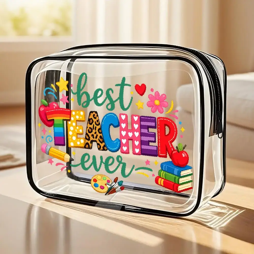 Toiletry Bag Best Teacher Ever Artistic Lettering Clear Cosmetic Bag Vibrant Playful Design With Apple Pencil Book Graphics Zip