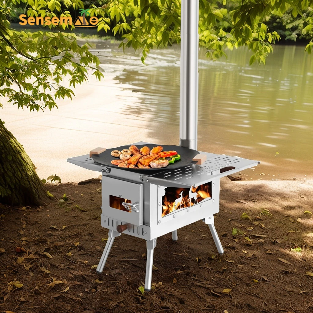 Large Portable Fire Wood Stove with Window Pipe, Tent Heater, Cot Camping, Ice-fishing Cooking, Outdoor BBQ