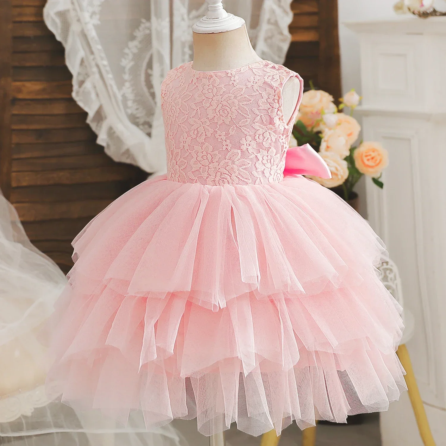 2024 New Baby Girl Dress for Backless Lace Layer 2-6Y Kids Birthday Princess Dress White Wedding Party Flower Tutu Elegant Gowns