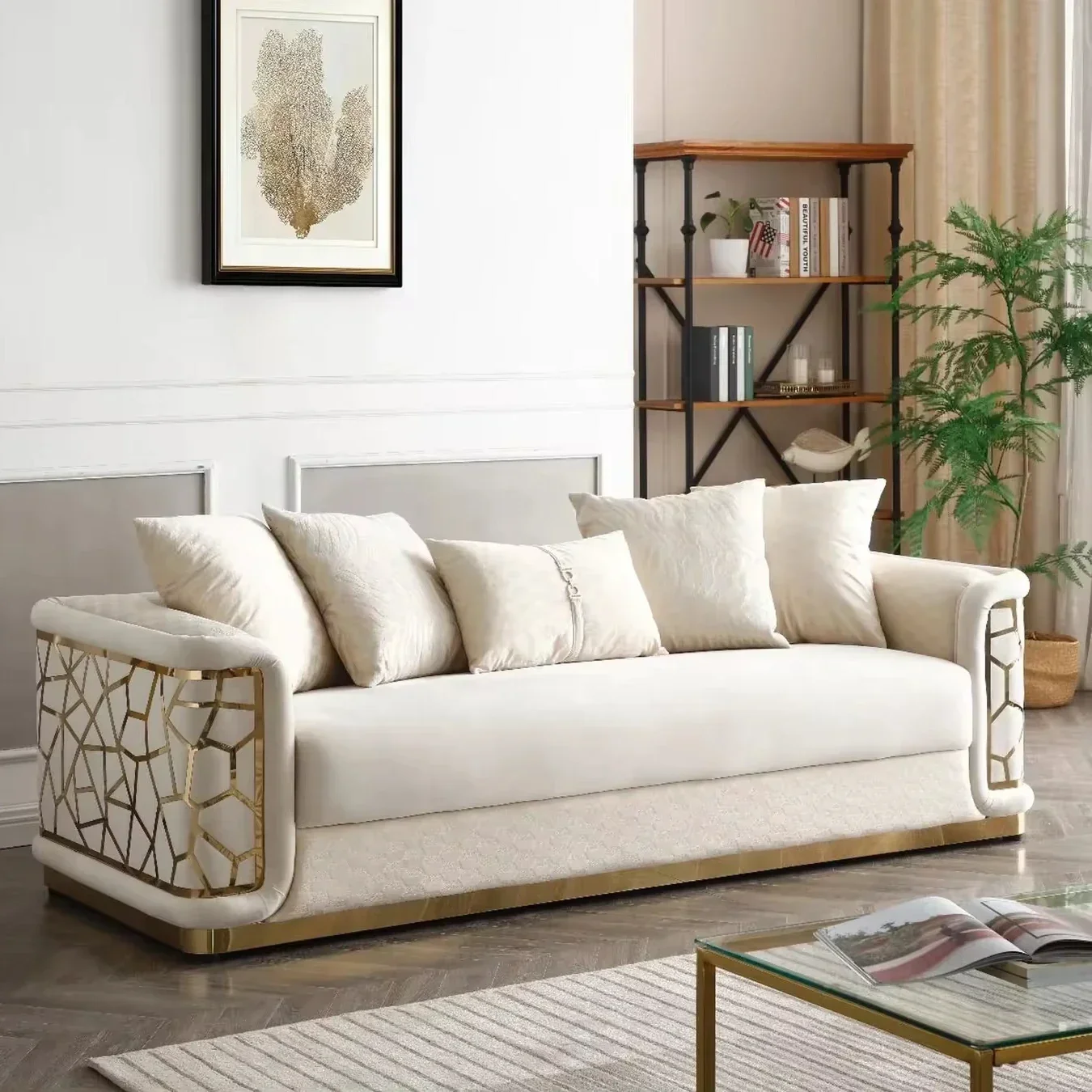 

l Modern Luxurious Velvet Fabric Leisure Sofa Set for Bedroom Villa Home Office Hotel Hall Apartment Living Room Metal Base