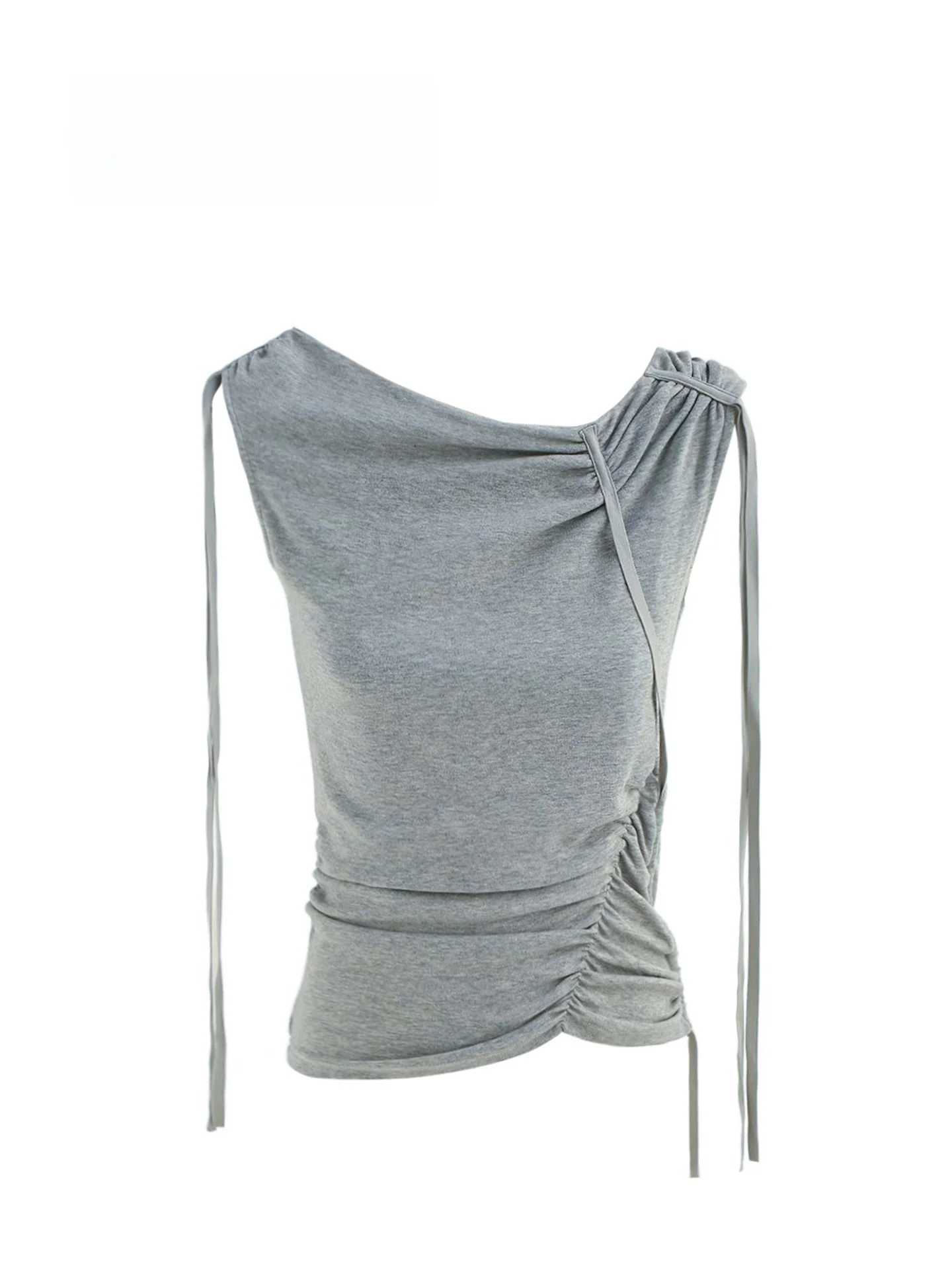 

Millennium Light Luxury Short Sleeve T-Shirt Drawstring Design Sensation Slant Collar Sleeveless Top for Young Women Summer Wear