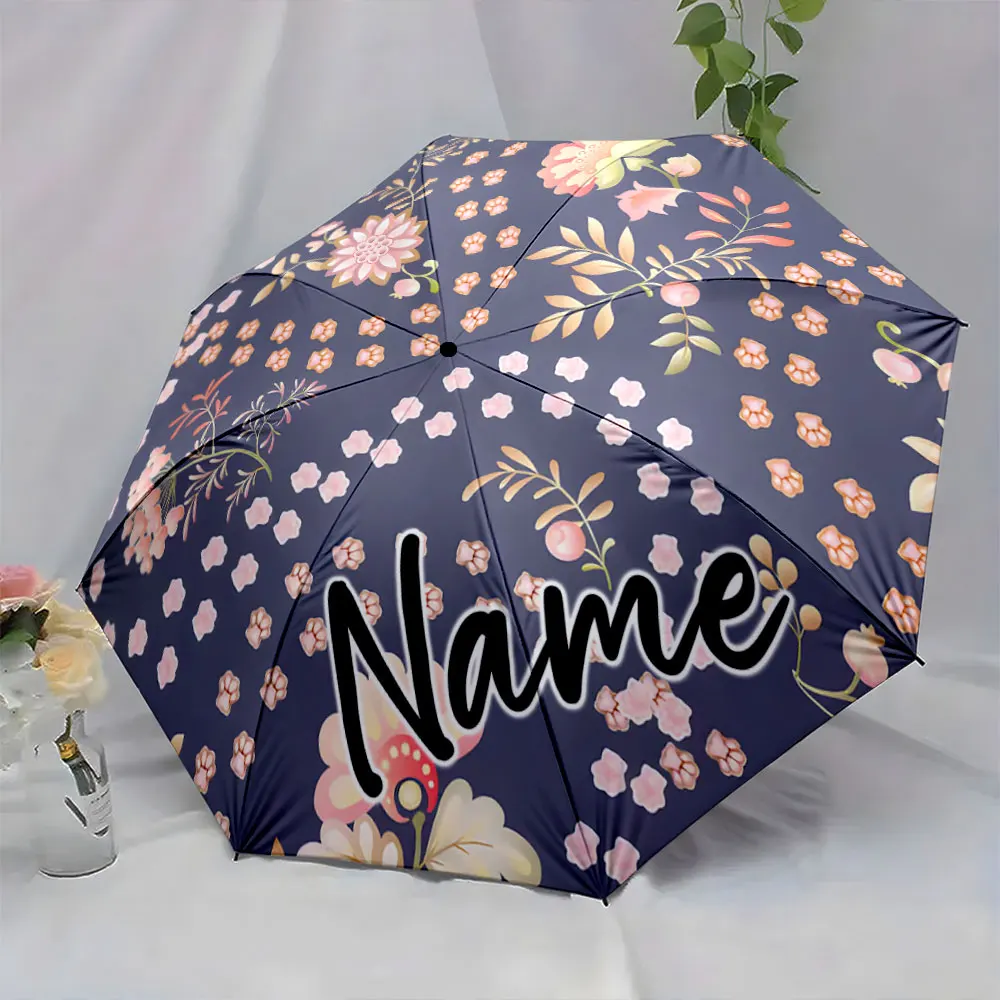 Custom Name Elegant Floral Umbrella with Personalized Text Print 8 Iron Ribs Folding Umbrella Auto-Open Fashion Sunshade