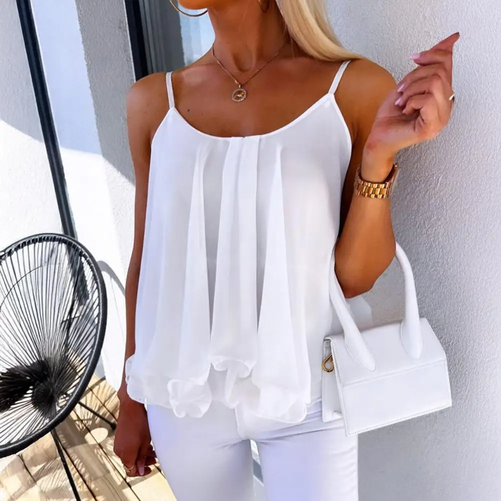 Women Chiffon Tops Women’s Lightweight Chiffon Blouse Layered Ruffle Hem Top Loose Fit Summer Sling Vest for Warm Weather