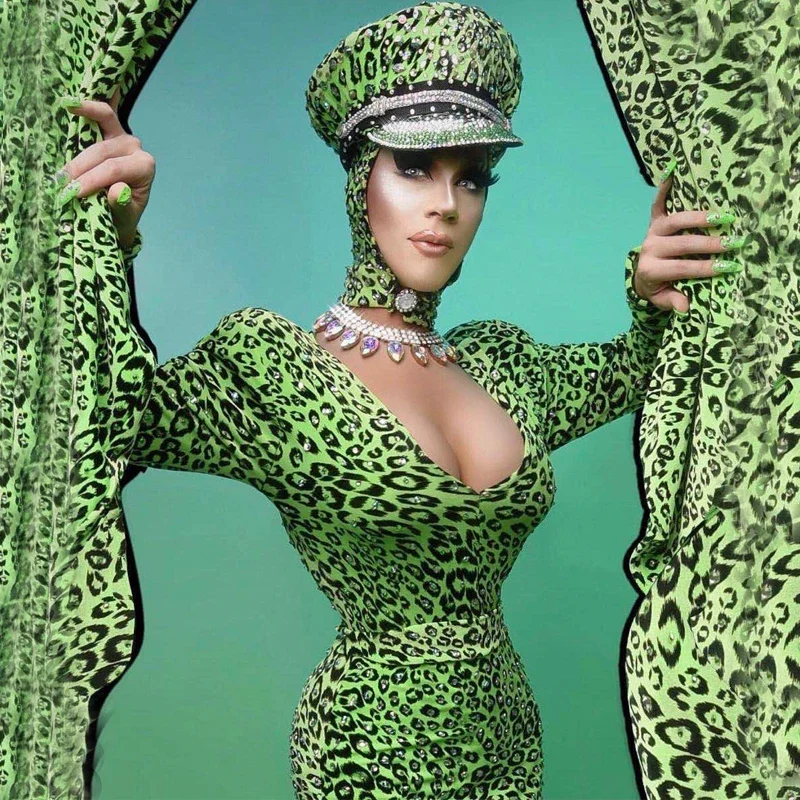 الأخضر ليوبارد الراين فستان قبعة المرأة فساتين السهرة الحفلات مرحلة مهرجان الزي ملابس الجاز سحب الملكة زي XS6370