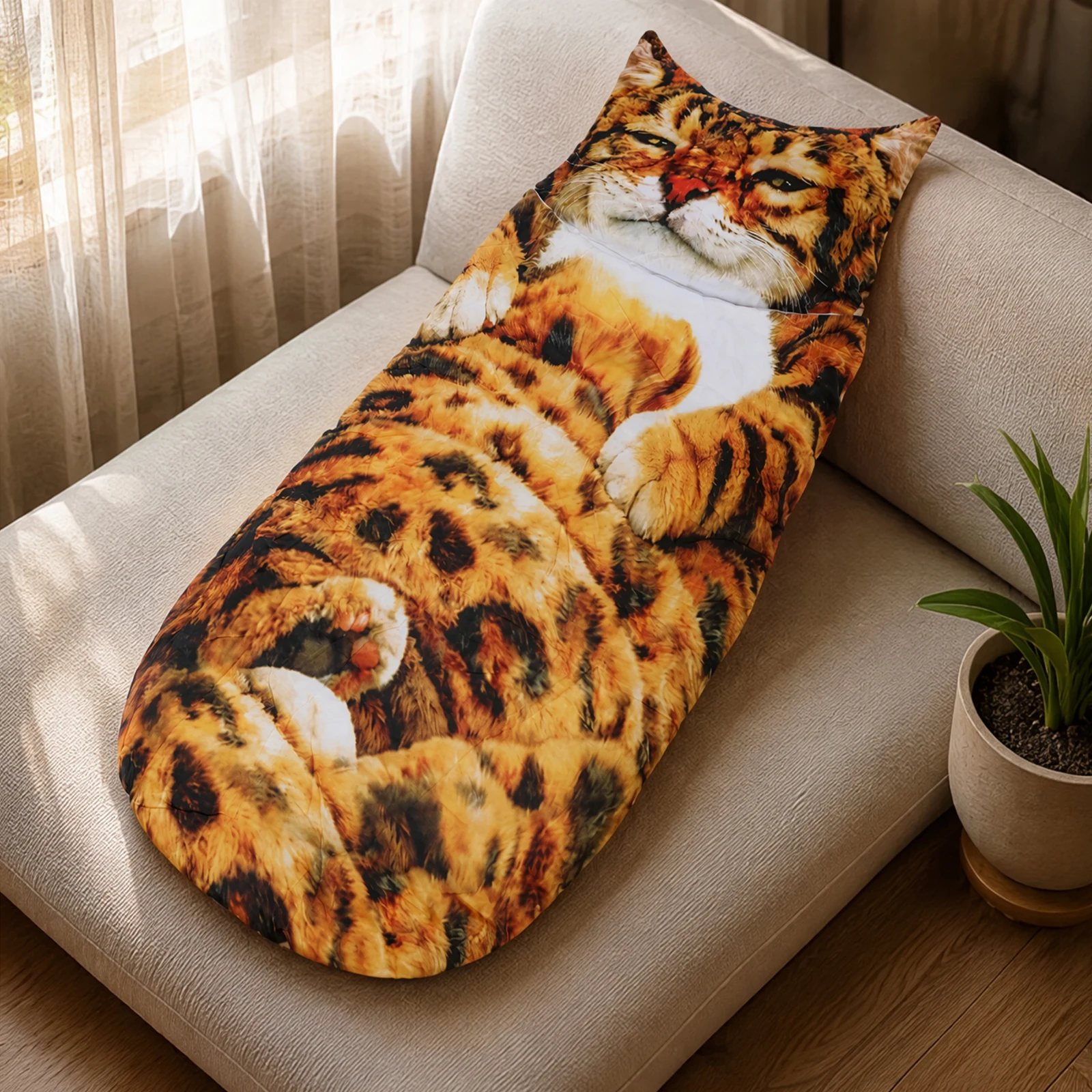 Fluffy Cat Shaped Sleeping Bag Comfortable Soft Warm Plush Bag Washable Cute Cat Envelope Sleeping Bag for Indoor Outdoor Use