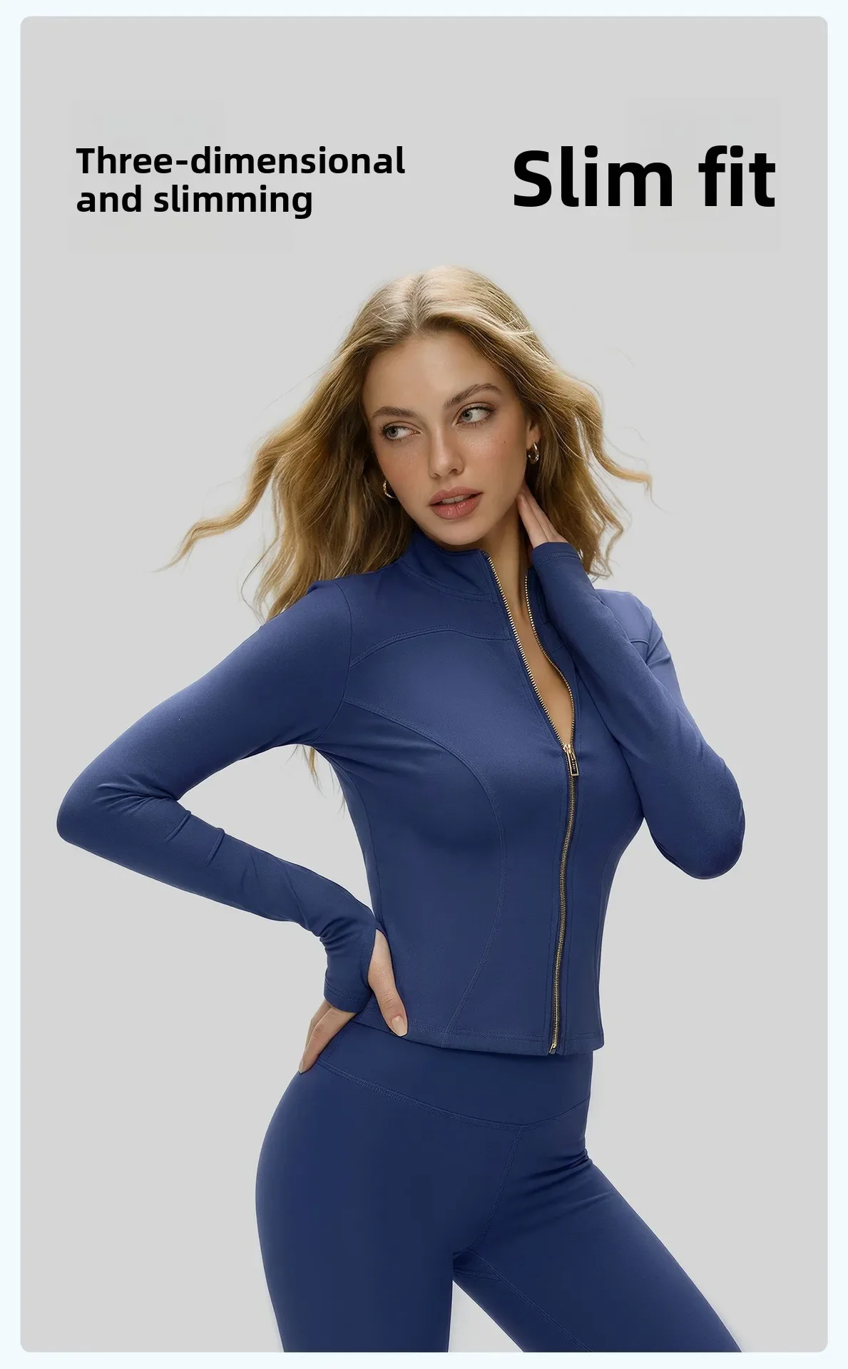 Damen Herbst-Sportjacke mit Stehkragen, Goldreißverschluss, Yoga-Oberteil, Figurbetont, Schlanke Passform, Damenjacke für Radfahren – Detail 5