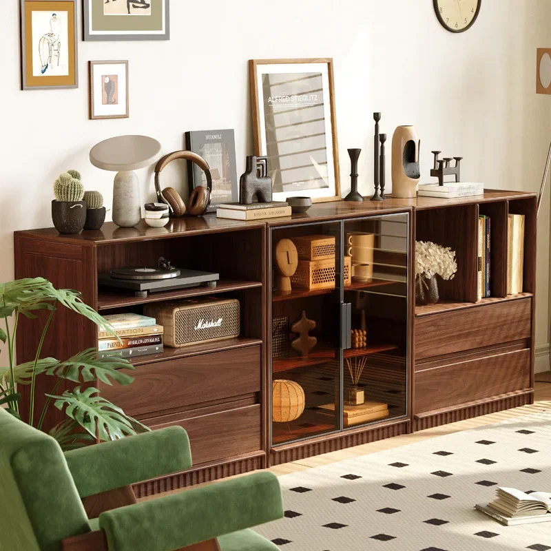 Solid wood combination bookcase, black walnut glass display case, display living room storage with card seat